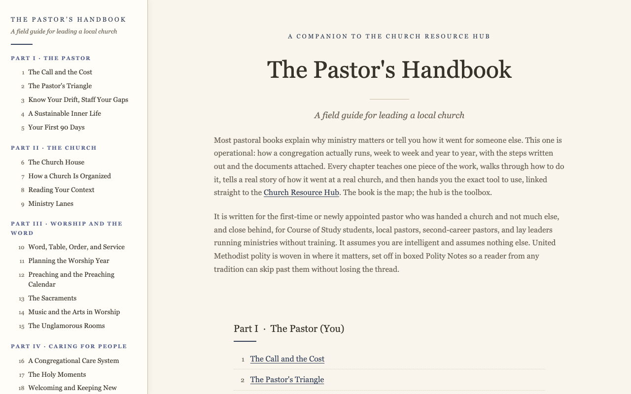 The Pastor's Handbook: the contents panel on the left, with the cover and table of contents open in the reading pane.