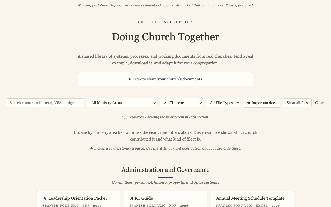 The Church Resource Hub: the search bar, ministry-area filters, and resource cards.