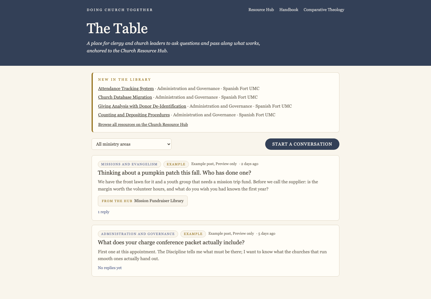 The Table: a feed of conversations by ministry area, with new library resources at the top.