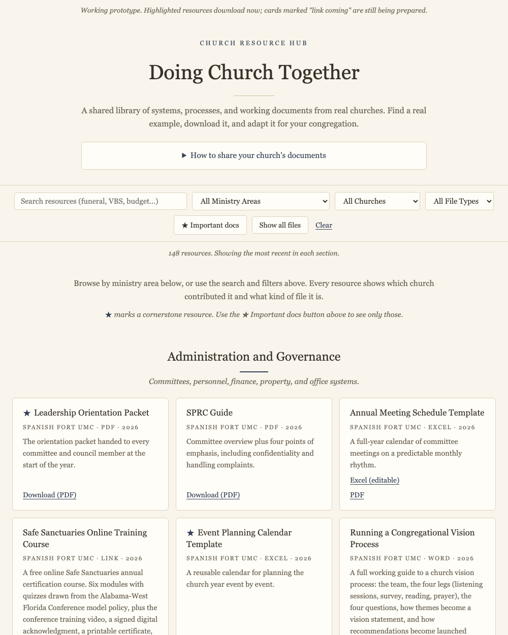 The Church Resource Hub: a searchable library of real church documents on a warm paper background.
