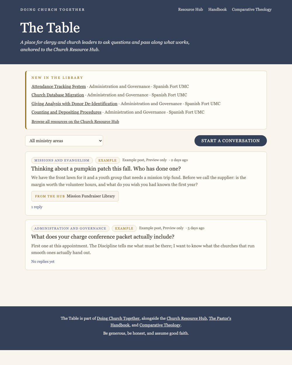 The Table: a feed of clergy conversations by ministry area, with new library resources at the top.